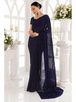 Soch - Women Navy Blue Chiffon Embellished Sequined Saree with Unstitched