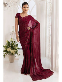 Soch - Women Maroon Organza Embellished Sequined Saree with Unstitched