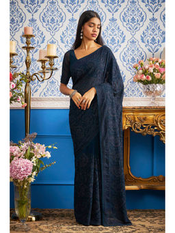 Soch - Women Navy Blue Georgette Embroidered Saree with Unstitched