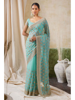 Soch - Women Blue Chiffon Embroidered Saree with Unstitched