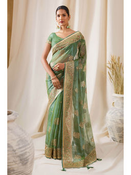 Soch - Women Green Chiffon Floral Saree with Unstitched