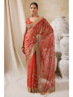 Soch - Women Coral Chiffon Embroidered Saree with Unstitched