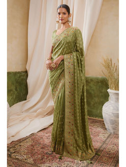 Soch - Women Olive Silk Embroidered Saree with Unstitched