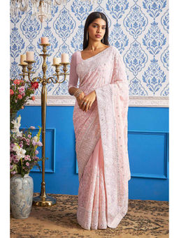 Soch - Women Peach Georgette Embroidered Saree with Unstitched