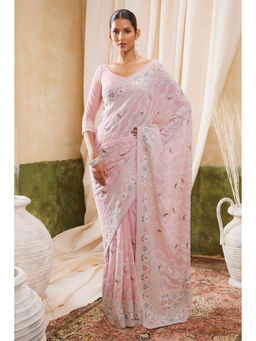 Soch - Women Pink Georgette Embroidered Saree with Unstitched