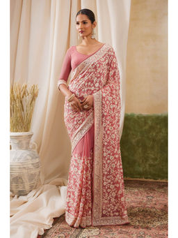 Soch - Women Peach Georgette Embroidered Saree with Unstitched