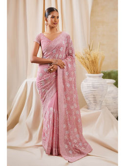 Soch - Women Pink Georgette Embroidered Saree with Unstitched