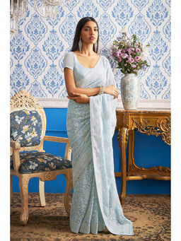 Soch - Women Blue Georgette Saree With Geometric Patterns And Stone Work