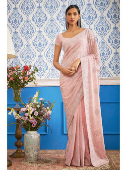 Soch - Women Peach Georgette Embroidered Saree with Unstitched