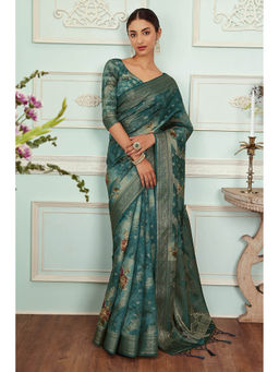 Soch - Women Teal Chanderi Floral Saree with Unstitched