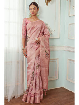 Soch - Women Pink Chanderi Floral Saree with Unstitched