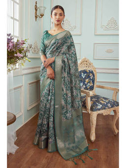 Soch - Women Teal Chanderi Printed Saree with Unstitched