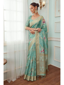 Soch - Women Turquoise Chanderi Floral Saree with Unstitched