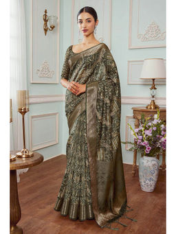 Soch - Women Olive Chanderi Printed Saree with Unstitched