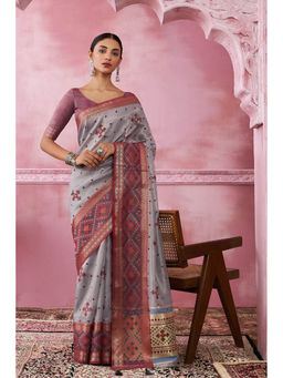 Soch - Women Grey Tissue Embroidered Saree with Unstitched