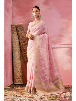 Soch - Women Pink Tissue Embellished Sequined Saree with Unstitched