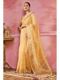 Soch - Women Yellow Tissue Embroidered Saree with Unstitched