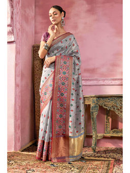 Soch - Women Grey Tissue Embroidered Saree with Unstitched