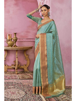 Soch - Women Turquoise Tissue Embellished Sequined Saree with Unstitched