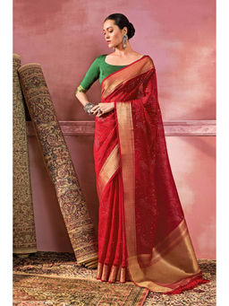 Soch - Women Red Silk Embellished Sequined Saree with Unstitched