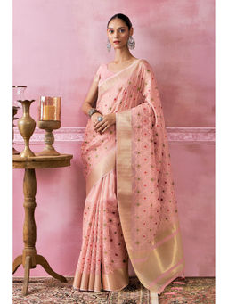 Soch - Women Peach Tissue Embroidered Saree with Unstitched