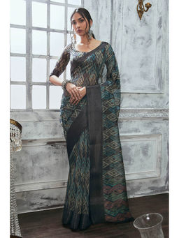 Soch - Women Turquoise Blended Fabric Printed Saree with Unstitched Blouse