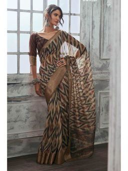 Soch - Women Beige Blended Fabric Printed Saree with Unstitched Blouse