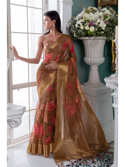 Soch - Women Brown Organza Printed Saree with Unstitched Blouse