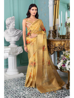 Soch - Women Yellow Organza Printed Saree with Unstitched Blouse