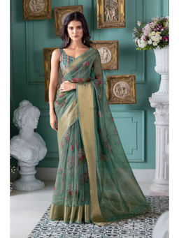Soch - Women Green Organza Printed Saree with Unstitched Blouse