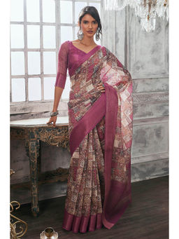 Soch - Women Magenta Blended Fabric Printed Saree with Unstitched Blouse