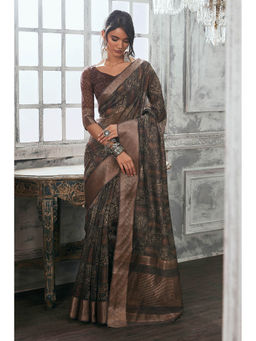 Soch - Women Grey Blended Fabric Printed Saree with Unstitched Blouse