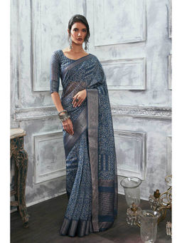 Soch - Women Blue Blended Fabric Printed Saree with Unstitched Blouse