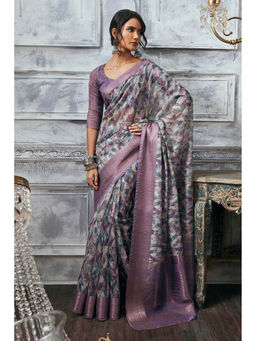 Soch - Women Purple Blended Fabric Printed Saree with Unstitched Blouse
