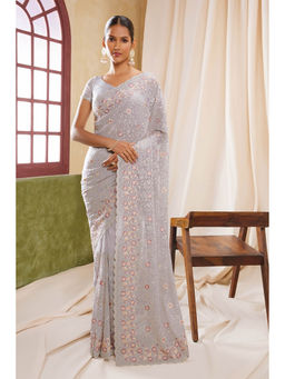 Soch - Women Grey Georgette Embroidered Saree with Unstitched Blouse