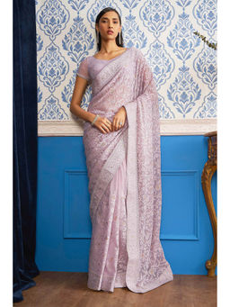 Soch - Women Purple Chiffon Embroidered Saree with Unstitched Blouse
