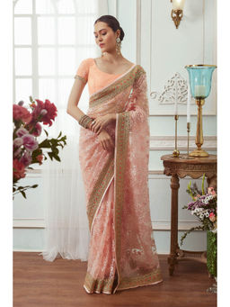 Soch - Women Peach Net Embroidered Saree with Unstitched Blouse