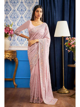 Soch - Women Purple Georgette Embroidered Saree with Unstitched Blouse