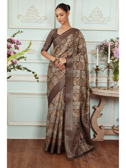 Soch - Women Brown Chanderi Printed Saree with Unstitched Blouse
