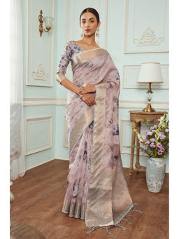 Soch - Women Purple Chanderi Printed Saree with Unstitched Blouse
