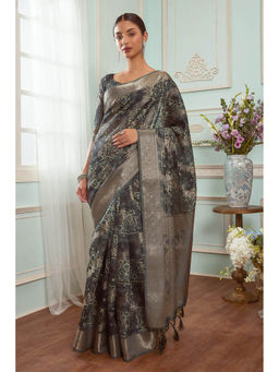Soch - Women Blue Chanderi Printed Saree with Unstitched Blouse