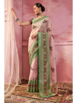 Soch - Women Pink Tissue Printed Saree with Unstitched Blouse