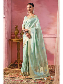 Soch - Women Blue Tissue Embroidered Saree with Unstitched Blouse