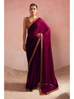 Soch - Womens Wine Stones Embroidery Georgette Saree with Unstitched & Stitched Blouse