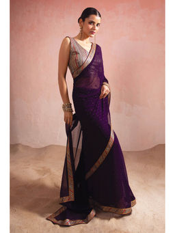 Soch - Womens Purple Embellishment Embroidery Georgette Saree with Unstitched & Stitched Blouse
