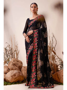 Soch - Womens Black Floral Embroidery & Sequins Georgette Saree with Unstitched Blouse