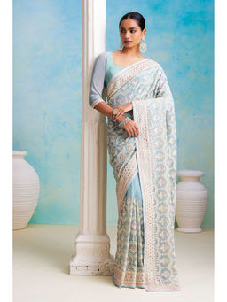 Soch - Womens Powder Blue Ethnic Embroidery Georgette Saree with Unstitched Blouse