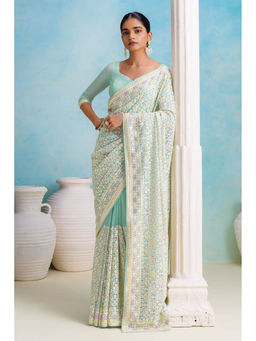 Soch - Womens Turquoise Blue Ethnic Embroidery Sequins Georgette Saree with Unstitched Blouse