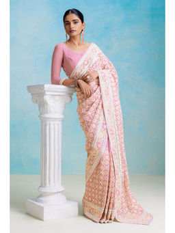 Soch - Womens Pink Floral Embroidery & Sequins Georgette Saree with Unstitched Blouse