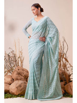 Soch - Womens Powder Blue Embroidery & Stone Georgette Saree with Unstitched Blouse